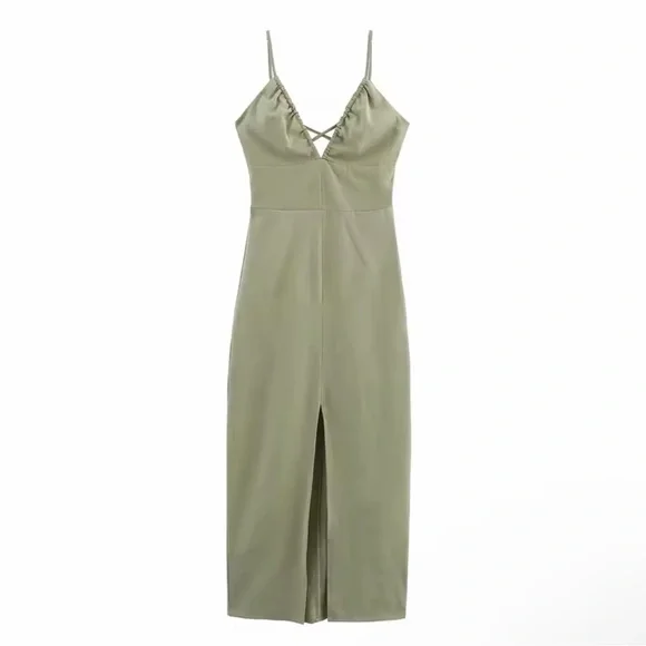Sleek Olive Green Spaghetti Strap Dress - Picture 1 of 3